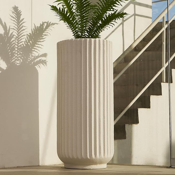 31.5 Inch Tall Roman Column Concrete Planter（14.2Dx31.5H，36 Pounds）,Durable All-Weather Use with Drainage Holes,Large Tall Round Planter for Outdoor Indoor Plants