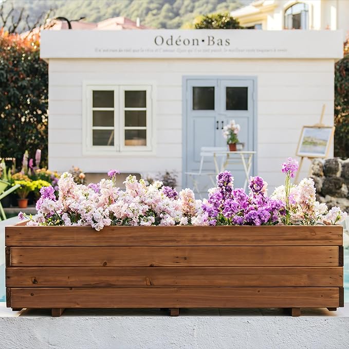 Wooden Raised Garden Bed Planter Box – Fir Wood Outdoor Vegetable, Herb &amp; Flower Box with Drainage Holes – 47.24"x15.75"x12.6", Rot-Resistant, for Patio, Yard, Balcony