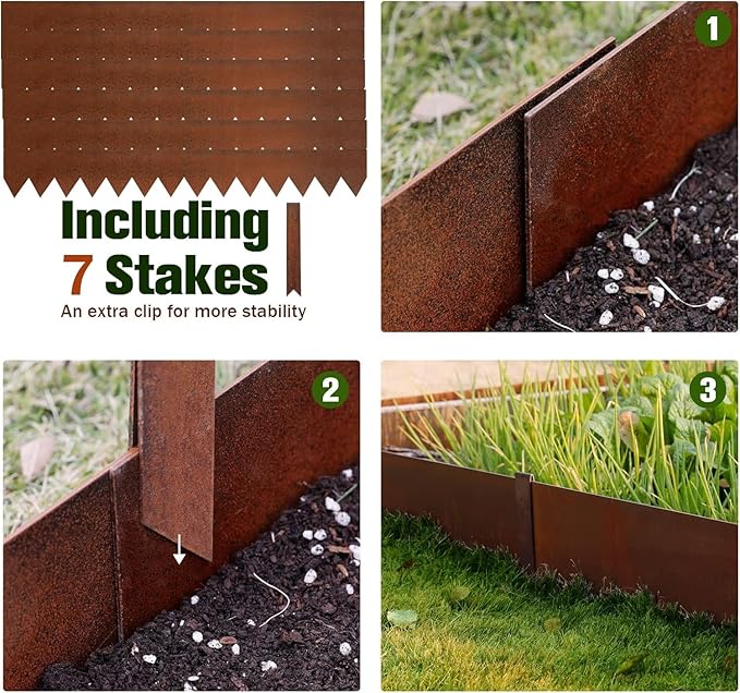 Worth Garden 6 Pack Cor-Ten Steel Landscape Edging w/Rust Patina Finish - 40" L x 8" H Strips - Hammer-in 14-Gauge Metal Corten Edging Border w/ 7 Clips &amp; Gloves - Edge for Lawn Yard (20Ft Total)