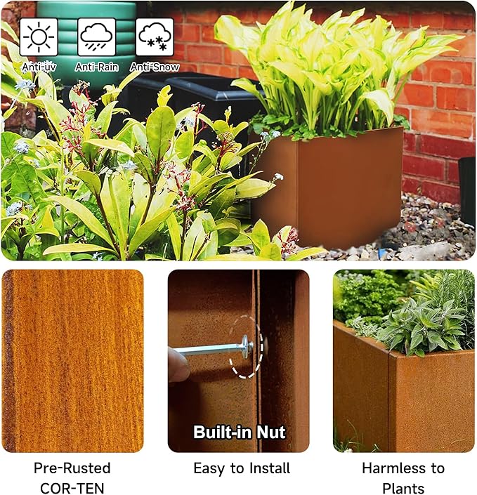 Corten Steel Corner Metal Planter Box Garden Steel Planter Pot for Patio Modern Farmhouse Rustic Design (L32 x W12 x D16, Rusted)