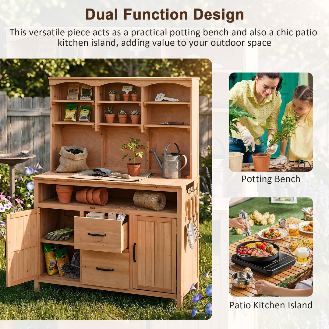 TOPMAX Large Fir Wood Potting Bench with Hutch, Cabinets &amp; Drawers