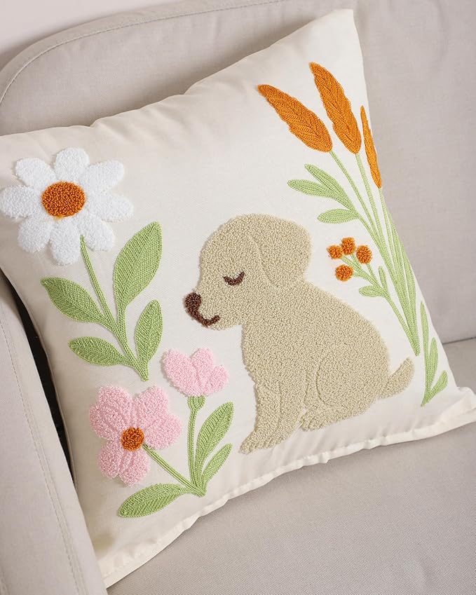 katre home madame &amp; textile Embroidered Dog Pillow Cover – 18x18 inch Handmade Punch Needle Cushion – Boho Cotton Throw Pillow for Couch, Bed, or Gift for Dog Lovers