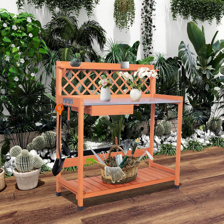 Outdoor Potting Bench &amp; Wooden Gardening Work Station Planting Table with Metal Tabletop, Drawer, Storage, and Hooks