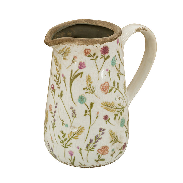 Round Ceramic Pitcher Vase with Multi-Colored Floral Motifs