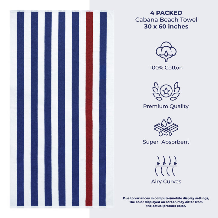 American Soft Linen, Premium Cotton 4 Pack Beach Towels, 30" x 60" Cabana Striped Pool Towels