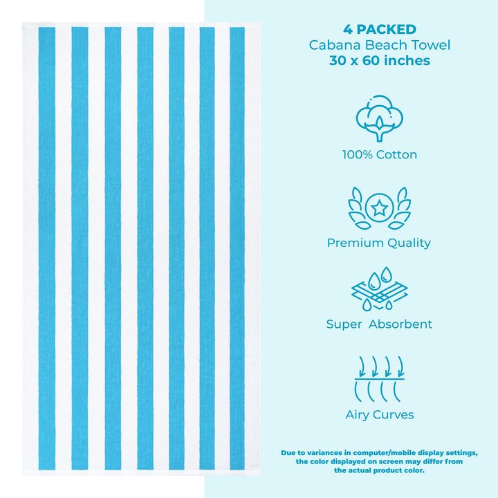 American Soft Linen, Premium Cotton 4 Pack Beach Towels, 30" x 60" Cabana Striped Pool Towels