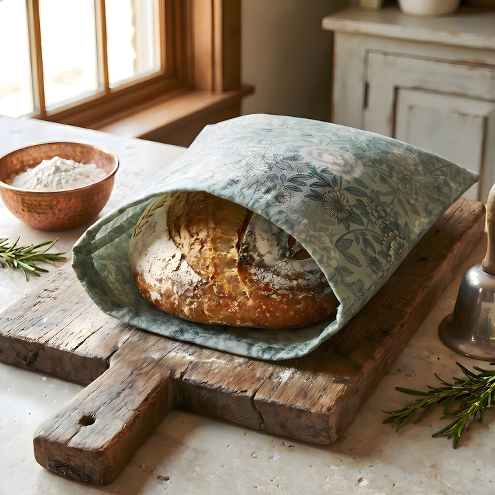 Bread Bag | Beeswaxed in pale blue cotton with a delicate floral pattern, holding a large rustic loaf of bread.