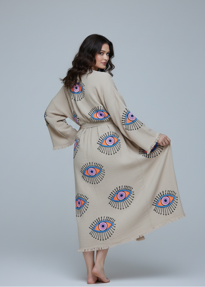 Evil Eye Hand Printed Kimono Natural