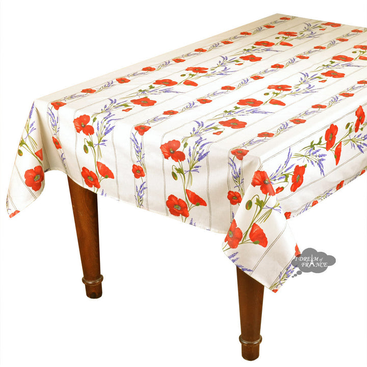 French Provencal tablecloth - Acrylic coated cotton, Spill-proof - 58" square - Poppies ivory | Tissus Toselli -MADE IN FRANCE