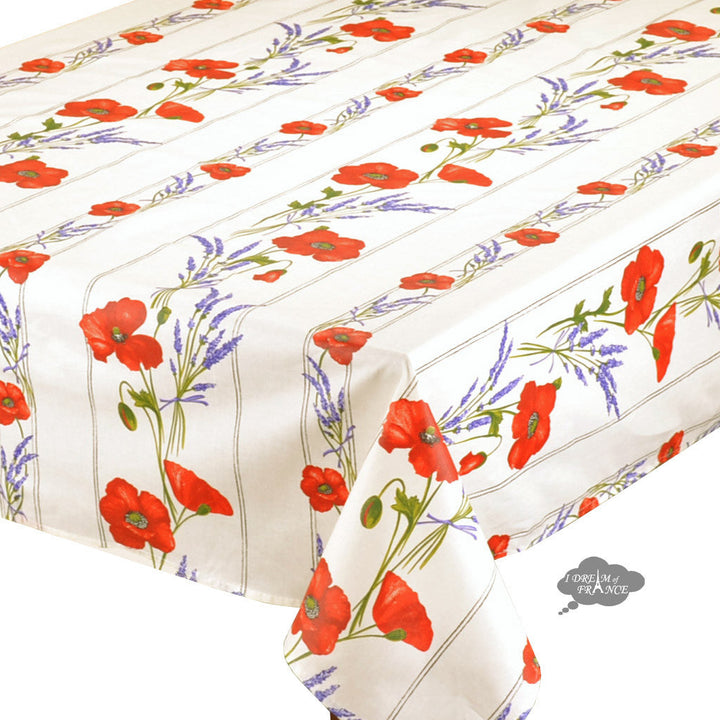 French Provencal tablecloth - Acrylic coated cotton, Spill-proof - 58" square - Poppies ivory | Tissus Toselli -MADE IN FRANCE