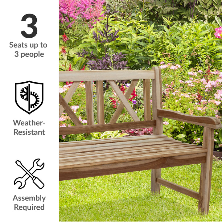 Cross-Back 2-Person Teak Patio Bench for Outside