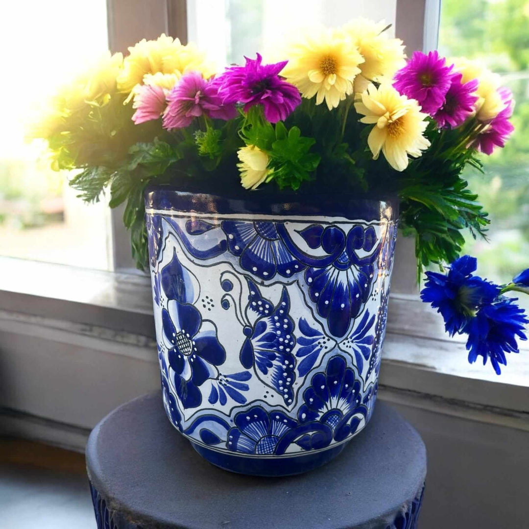 Artisan Talavera Planter | Blue &amp; White Mexican Flower Pot