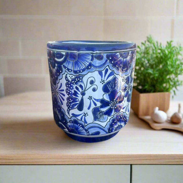 Artisan Talavera Planter | Blue &amp; White Mexican Flower Pot