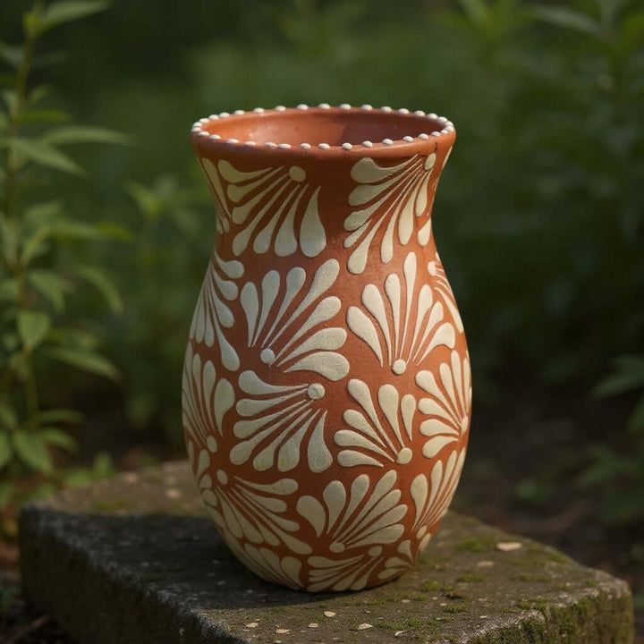 Brown &amp; White Talavera Relief Vase | Hand-Painted Pottery