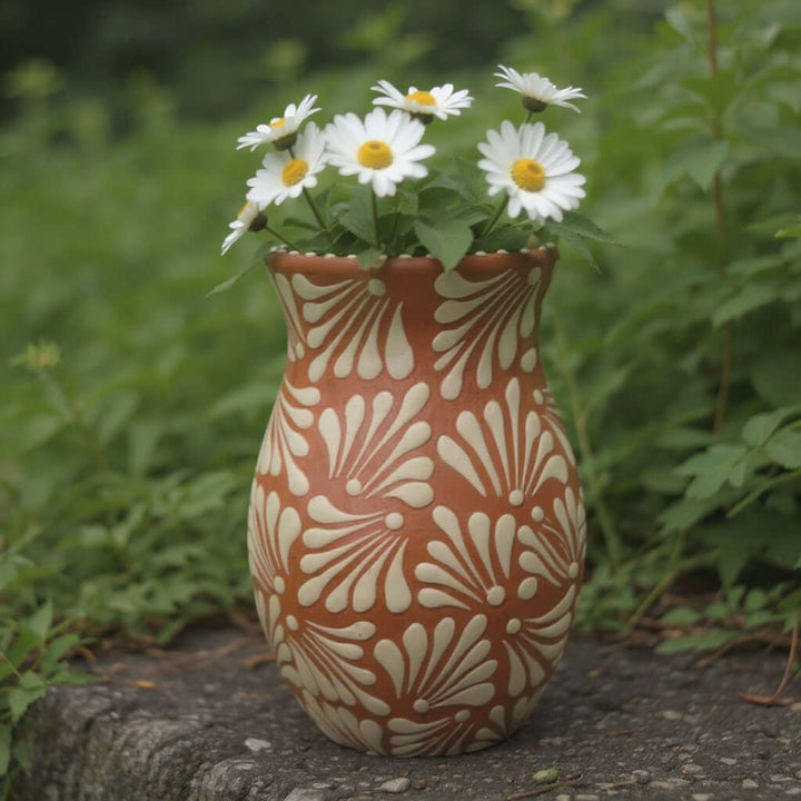 Brown &amp; White Talavera Relief Vase | Hand-Painted Pottery