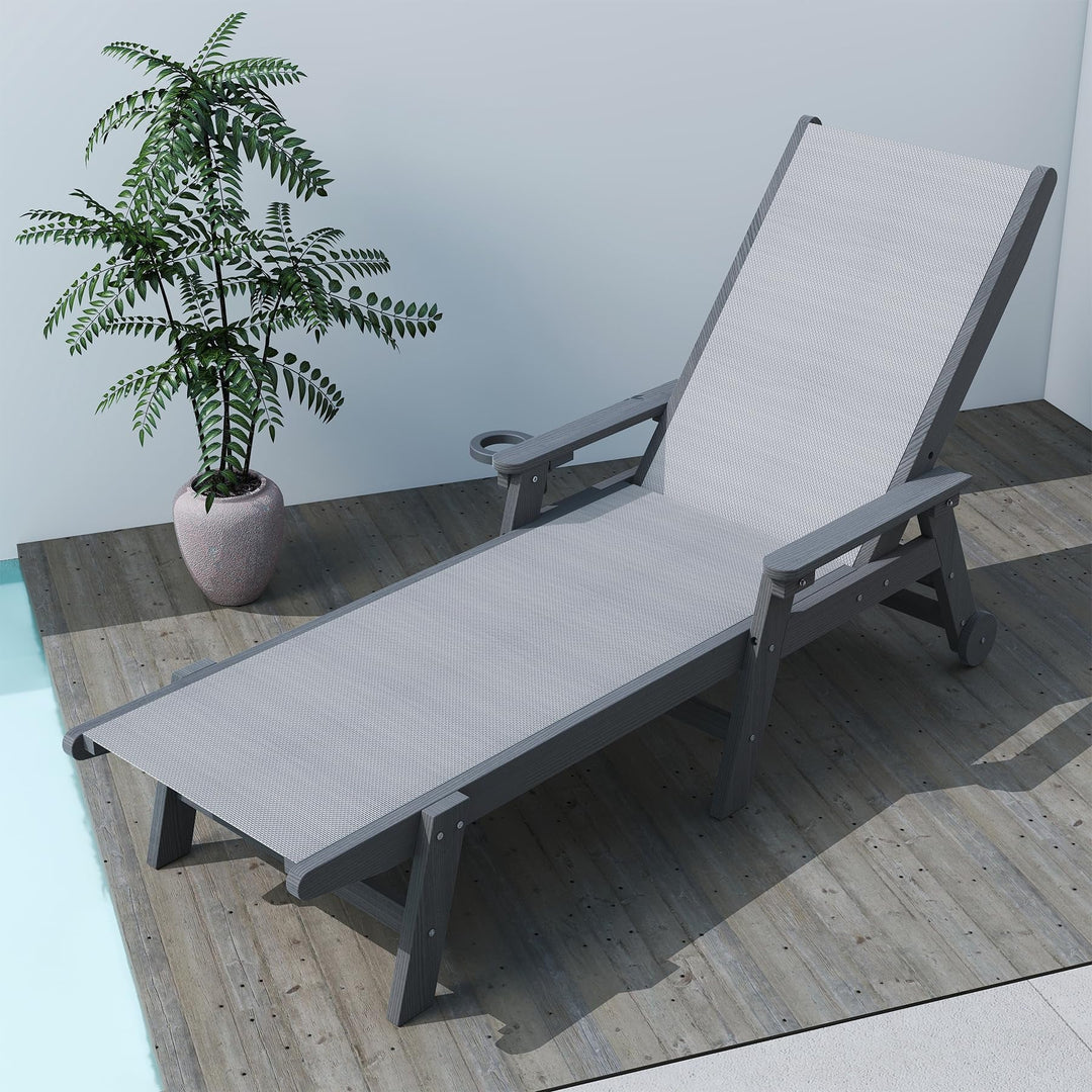 Lounge Chair Outdoor, HDPE Chaise Lounge with Wheels and 5-Position Recliner