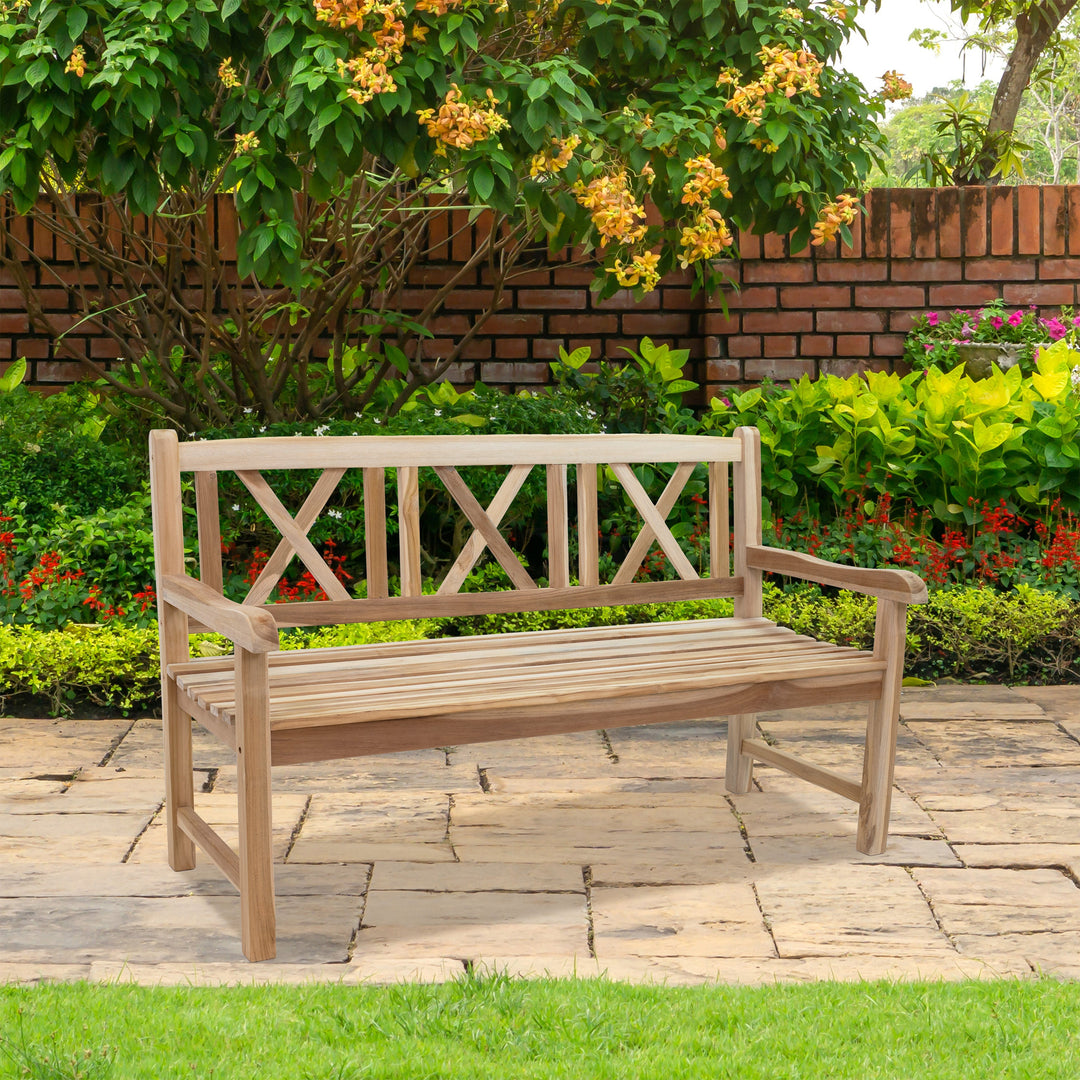 Cross-Back 2-Person Teak Patio Bench for Outside