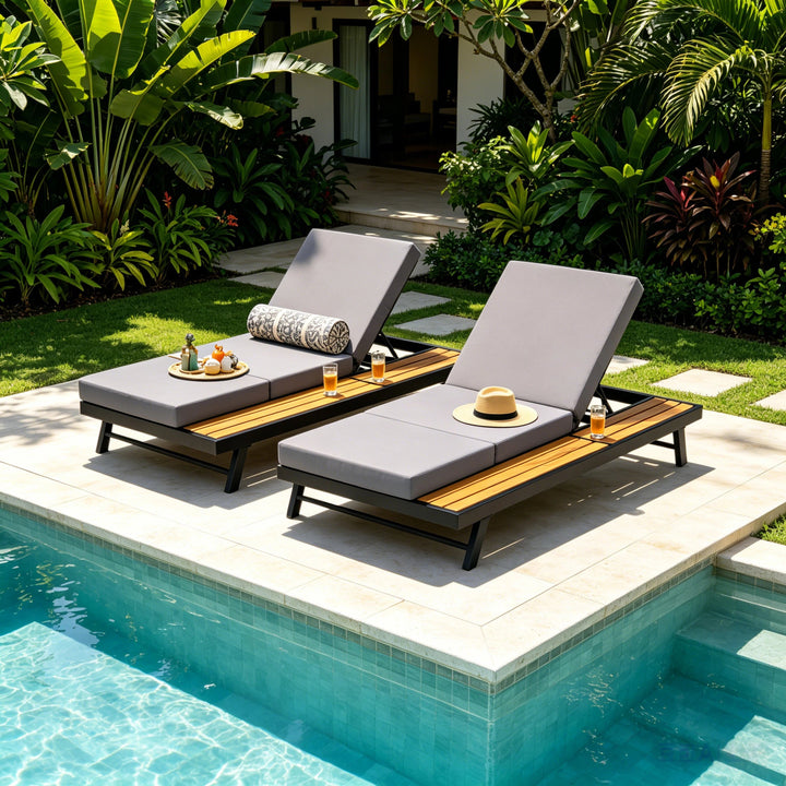 Black Iron + Teak Finish Chaise Lounge Set with Dark Grey Cushion