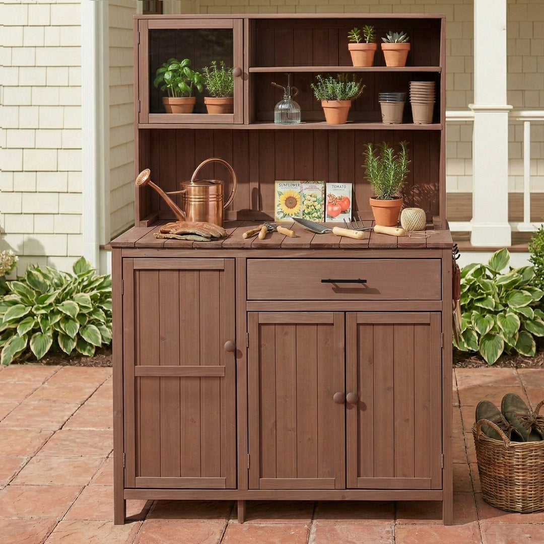 TOPAMX Potting Bench with Hutch, Solid Fir Wood Garden Workstation