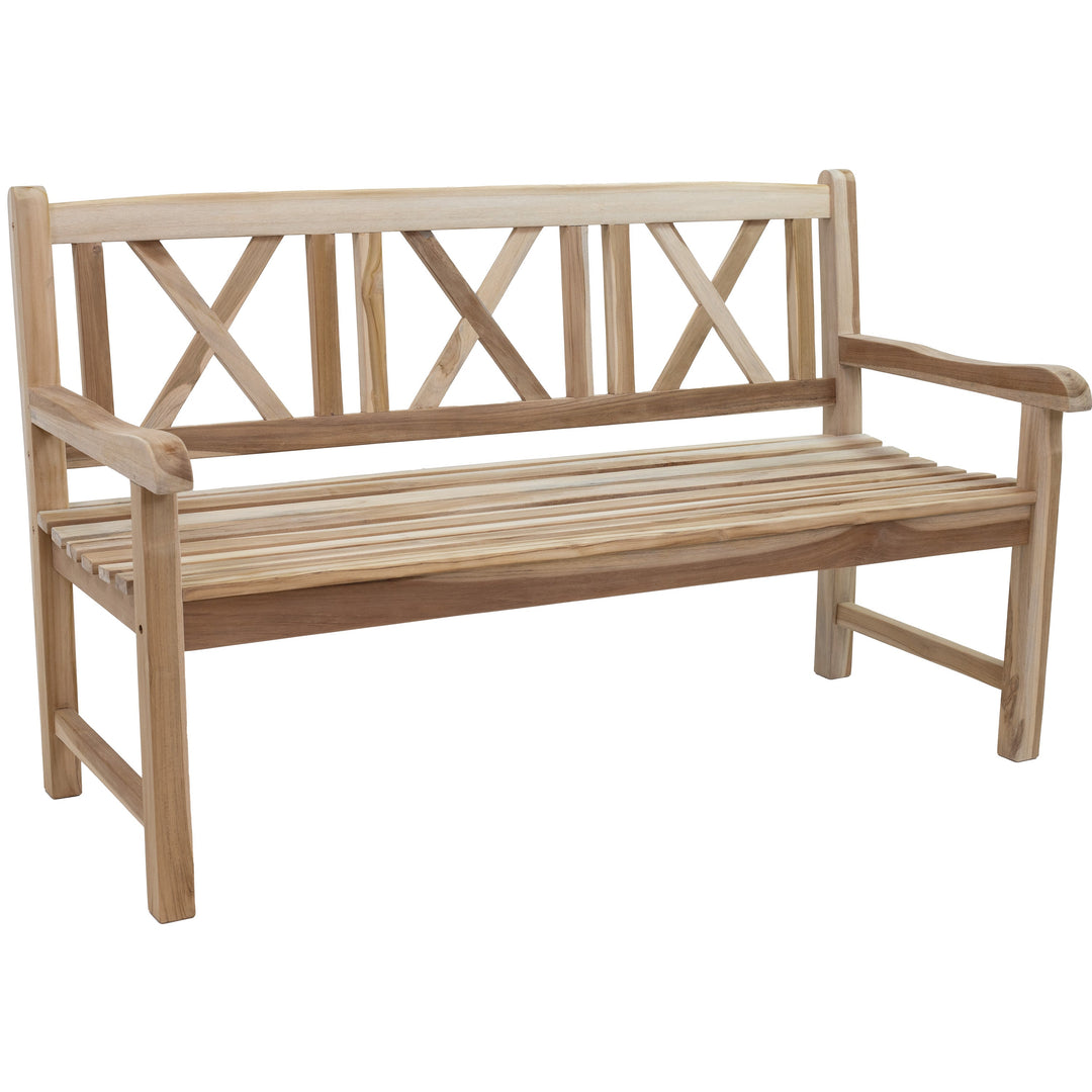 Cross-Back 2-Person Teak Patio Bench for Outside