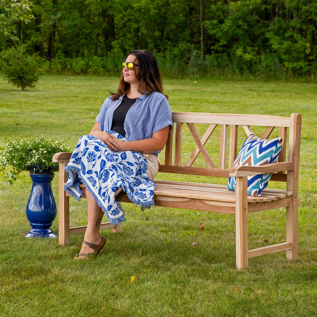 Cross-Back 2-Person Teak Patio Bench for Outside
