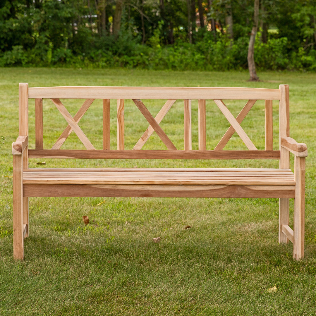 Cross-Back 2-Person Teak Patio Bench for Outside