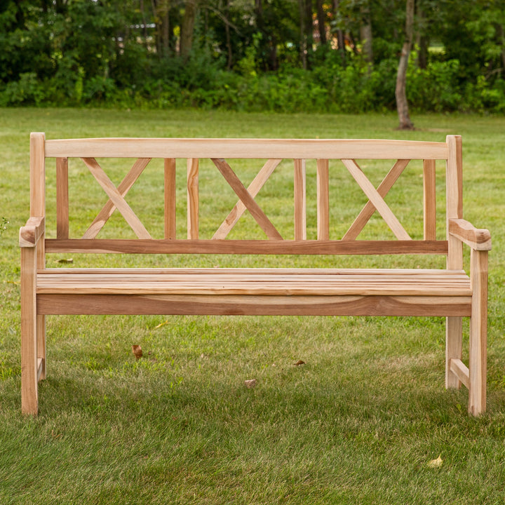 Cross-Back 2-Person Teak Patio Bench for Outside