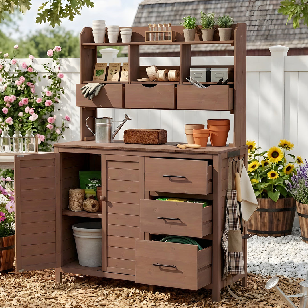 TOPMAX Farmhouse Patio Potting Bench with Storage and Workstation