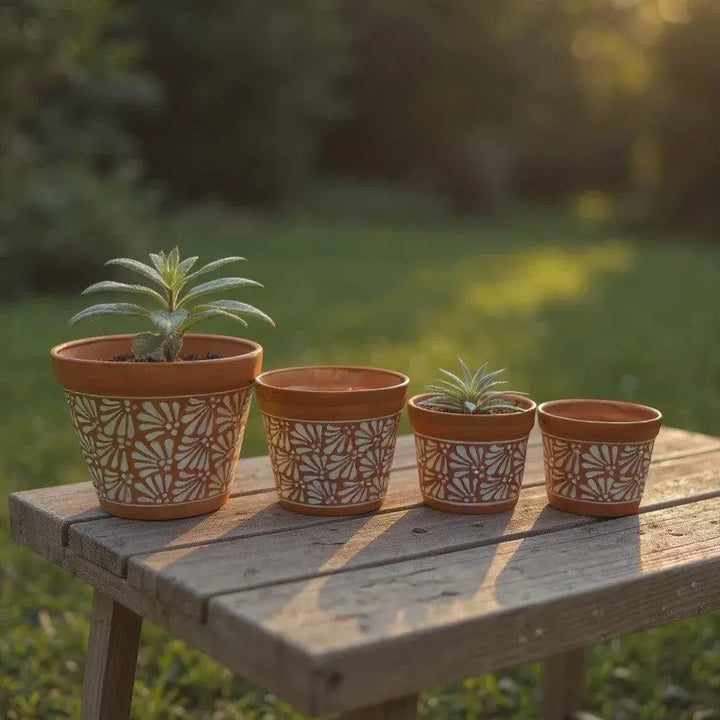 Set of 4 Talavera Flower Pots | Brown &amp; White Terracotta Planters