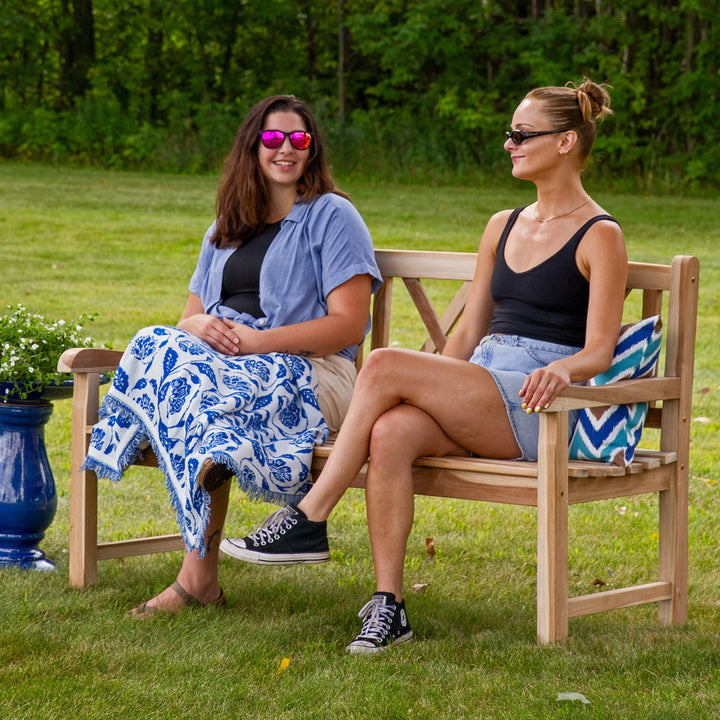 Cross-Back 2-Person Teak Patio Bench for Outside
