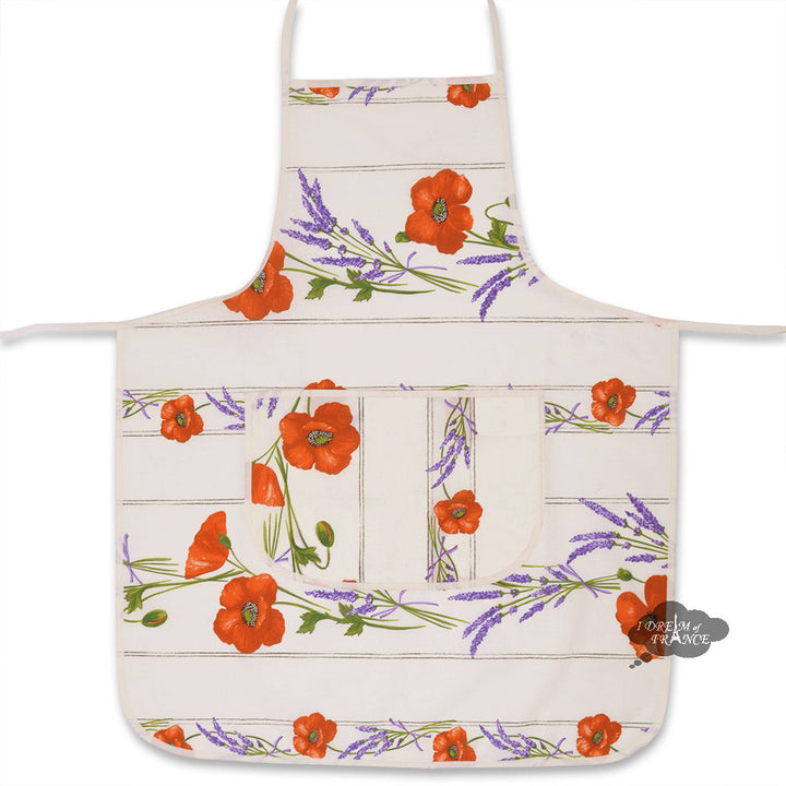 French kitchen apron - 100% Cotton - Poppies ivory | Tissus Toselli - MADE IN FRANCE
