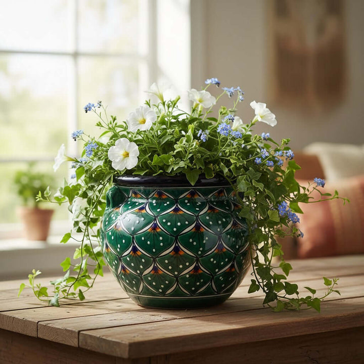 Vibrant Talavera Flower Pot | Green Peacock Design