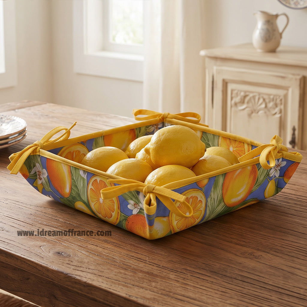 French bread basket - Acrylic-coated Cotton - Lemons blue | Tissus Toselli - MADE IN FRANCE