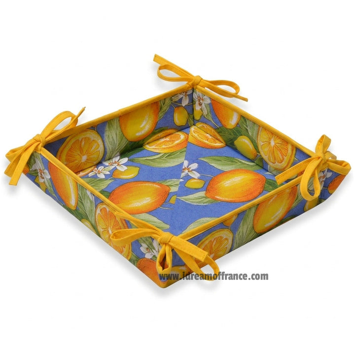 French bread basket - Acrylic-coated Cotton - Lemons blue | Tissus Toselli - MADE IN FRANCE