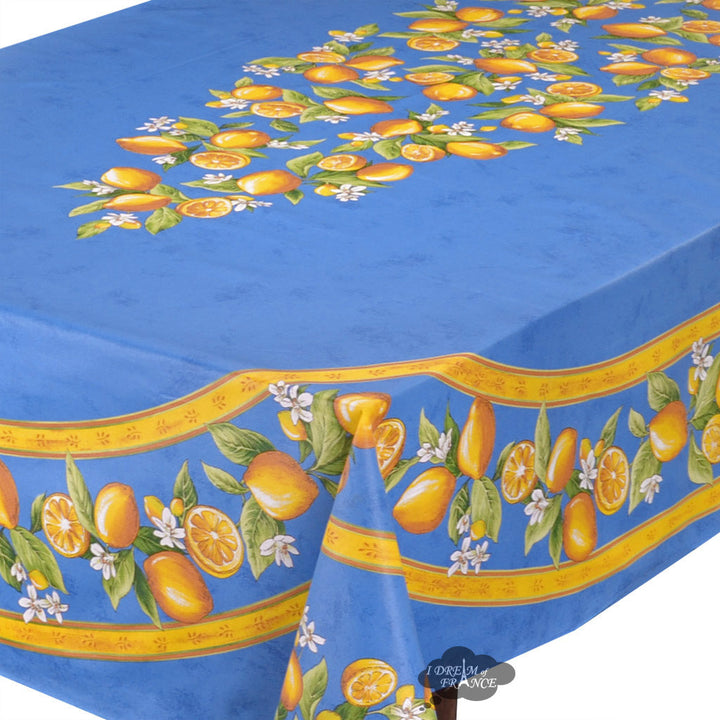 French Provencal tablecloth - Acrylic coated cotton, Spill-proof - 60x96" Rectangular - Lemons blue | Tissus Toselli - MADE IN FRANCE