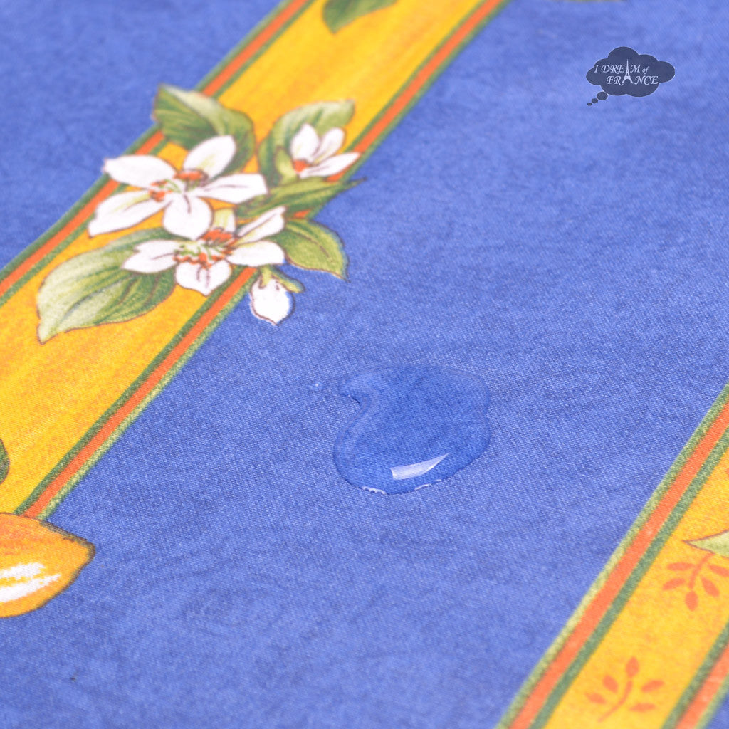 French Provencal tablecloth - Acrylic coated cotton, Spill-proof - 58" square - Lemons blue | Tissus Toselli - MADE IN FRANCE