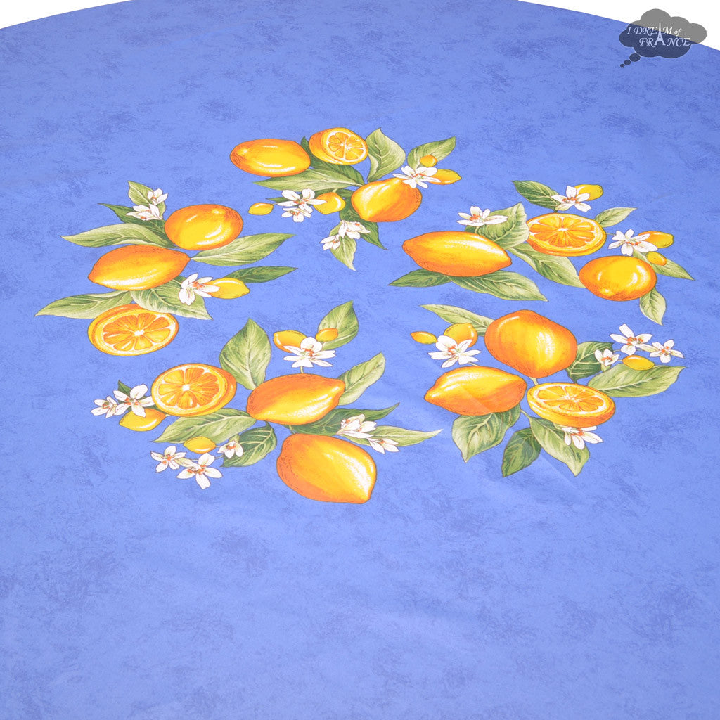 French Provencal tablecloth - Cotton, natural or acrylic-coated - 70" round - Lemon blue| Tissus Toselli - MADE IN FRANCE