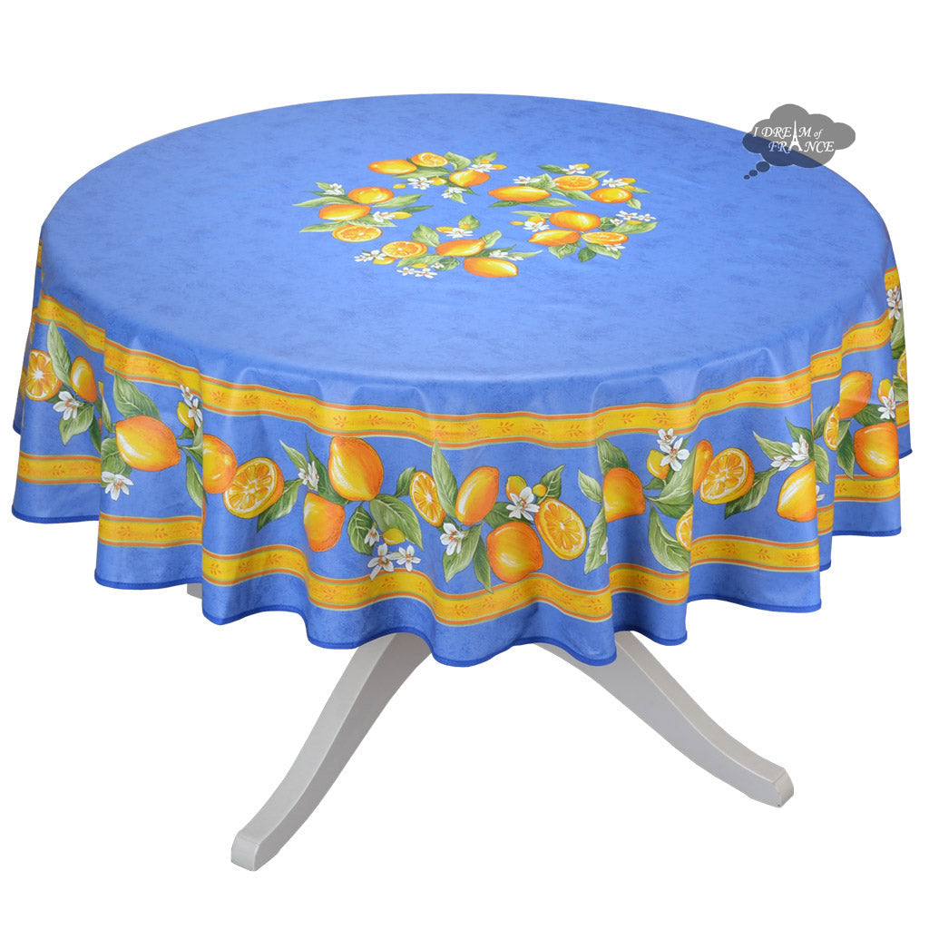 French Provencal tablecloth - Cotton, natural or acrylic-coated - 70" round - Lemon blue| Tissus Toselli - MADE IN FRANCE