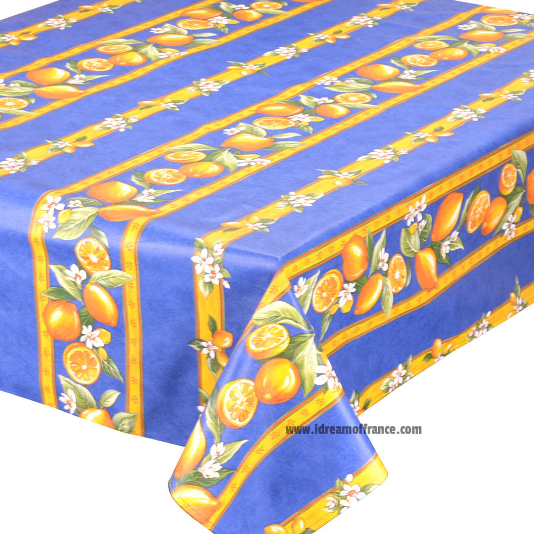 French Provencal tablecloth - Acrylic coated cotton, Spill-proof - 58" square - Lemons blue | Tissus Toselli - MADE IN FRANCE