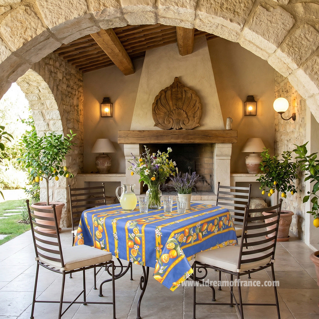 French Provencal tablecloth - Acrylic coated cotton, Spill-proof - 58" square - Lemons blue | Tissus Toselli - MADE IN FRANCE