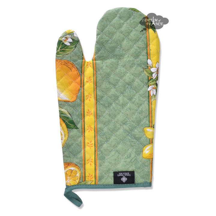 Lemons Green Cotton Oven Mitt by Tissus Toselli - MADE IN FRANCE
