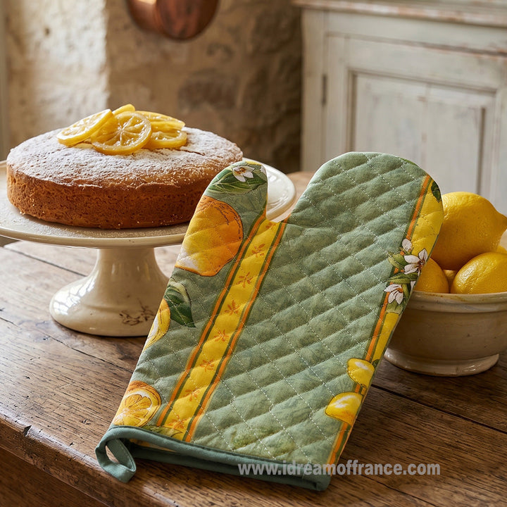 Lemons Green Cotton Oven Mitt by Tissus Toselli - MADE IN FRANCE