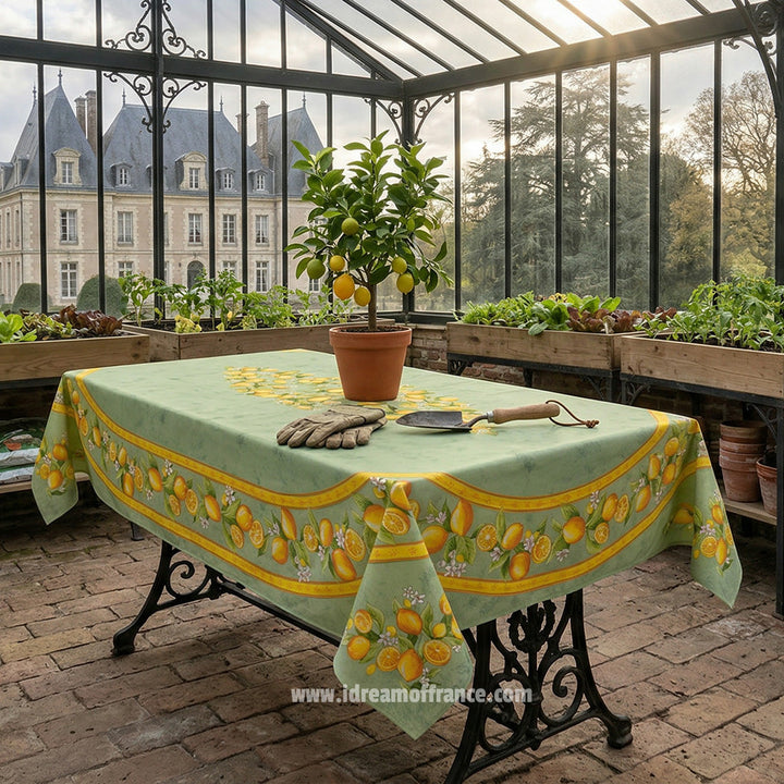 French Provencal tablecloth - Acrylic coated cotton, Spill-proof - 60x96" Rectangular - Lemons green | Tissus Toselli - MADE IN FRANCE