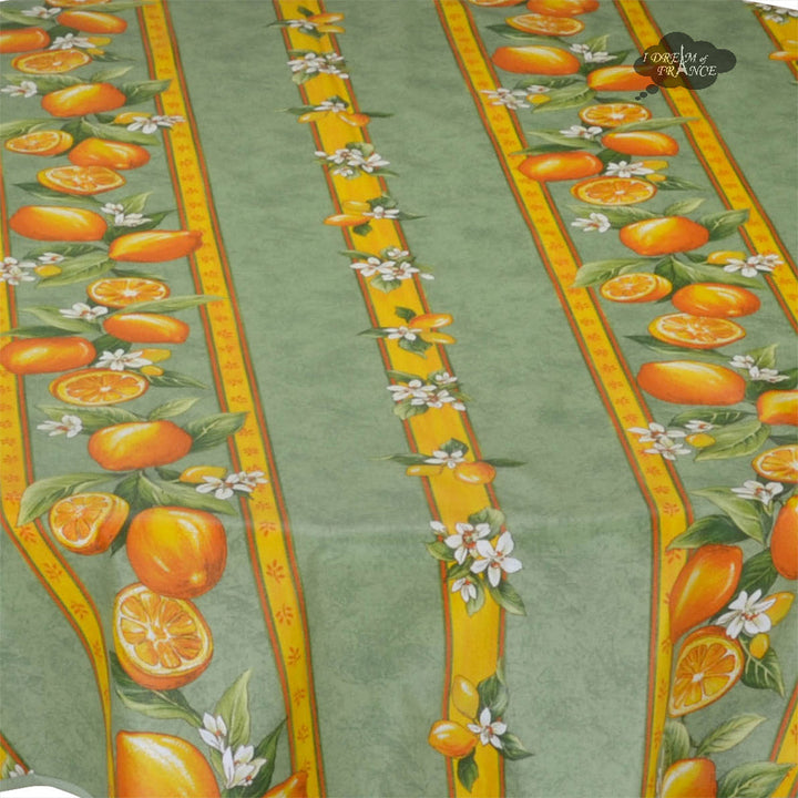 French Provencal tablecloth - Cotton, natural or acrylic-coated - 58" round - Lemon green | Tissus Toselli -MADE IN FRANCE
