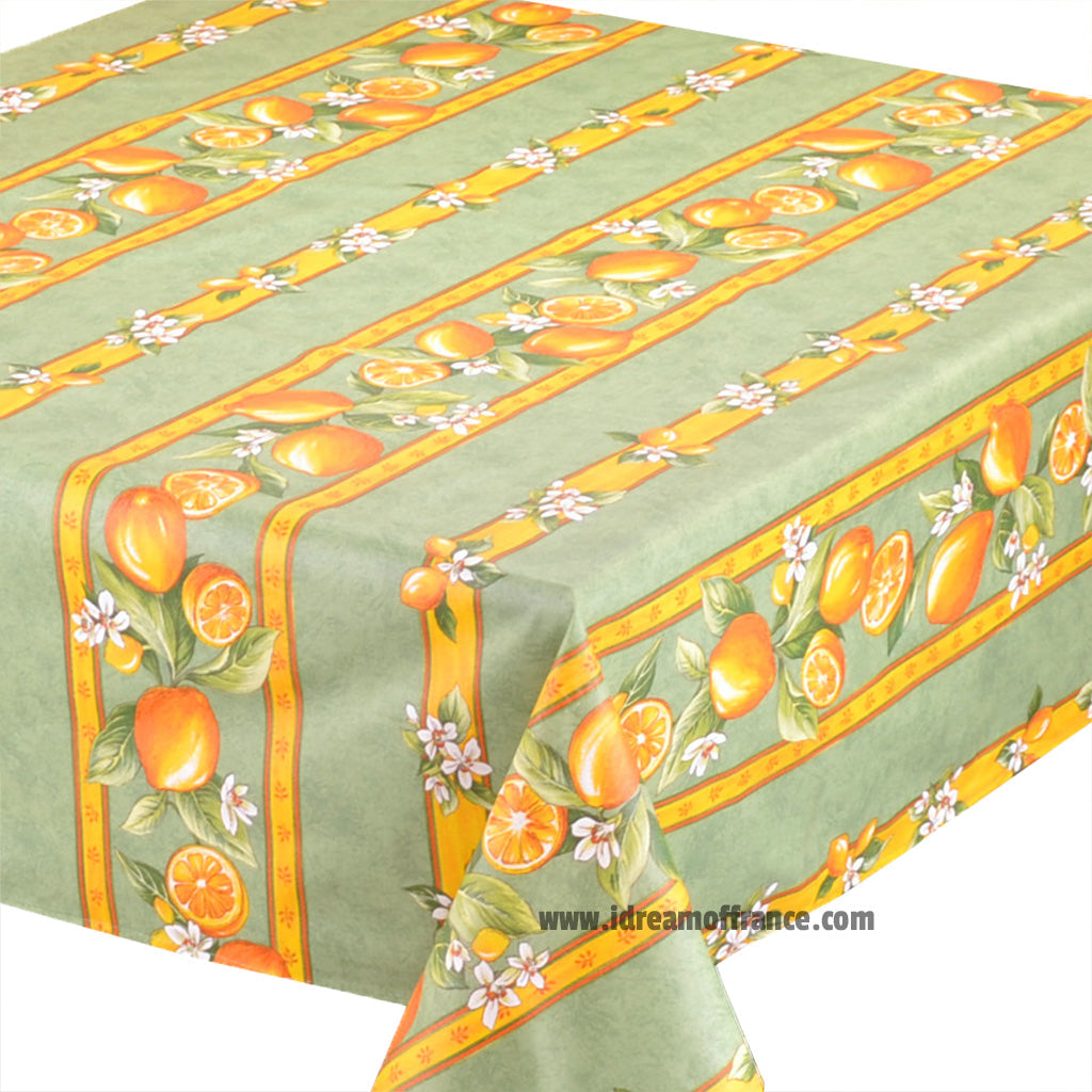 French Provencal tablecloth - Acrylic coated cotton, Spill-proof - 58" square - Lemons green | Tissus Toselli - MADE IN FRANCE
