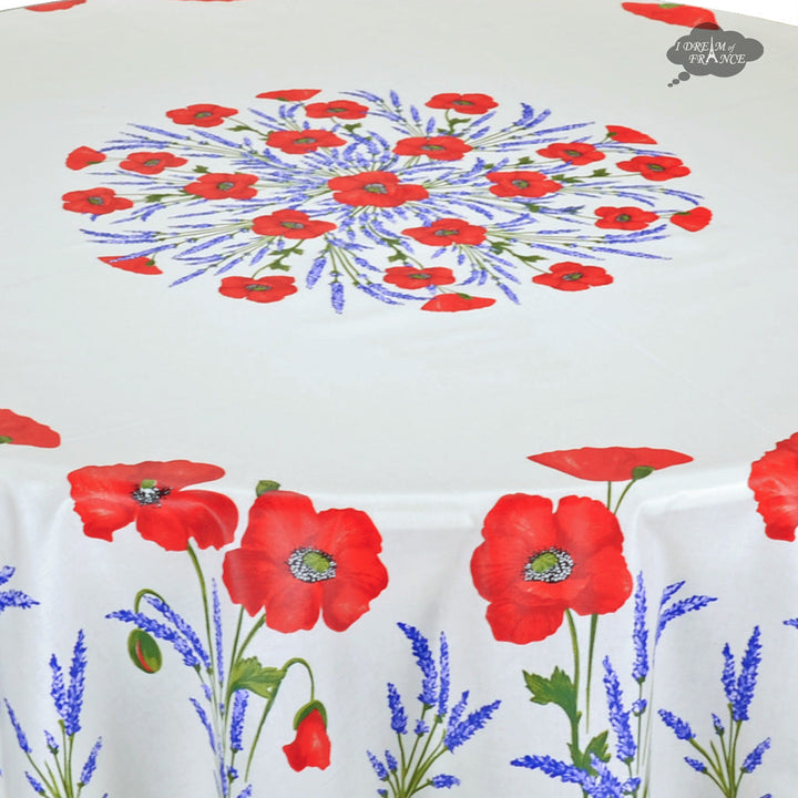 French Provencal tablecloth - Acrylic coated cotton, Spill-proof - 70" round - Poppies ivory | Tissus Toselli - MADE IN FRANCE