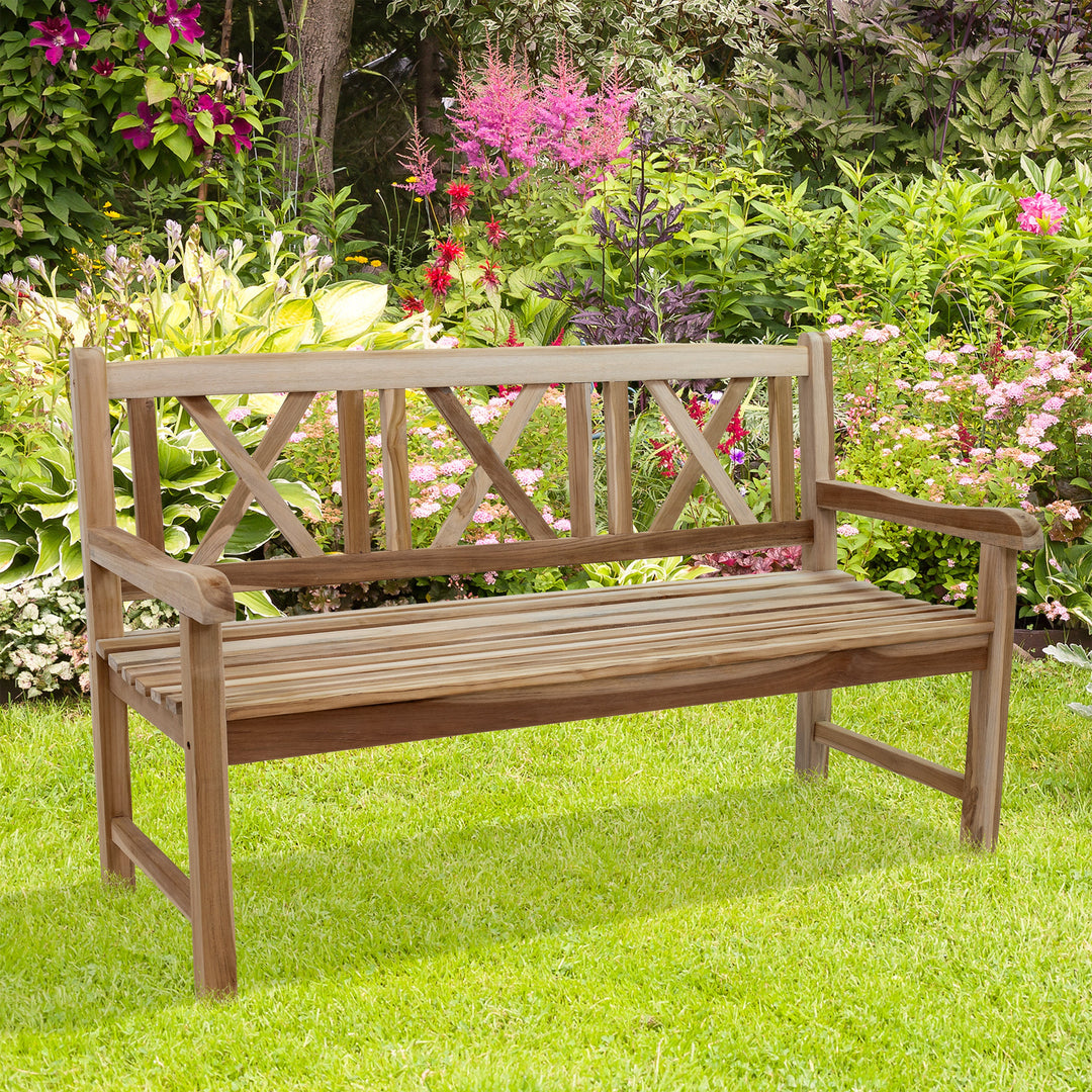 Cross-Back 2-Person Teak Patio Bench for Outside