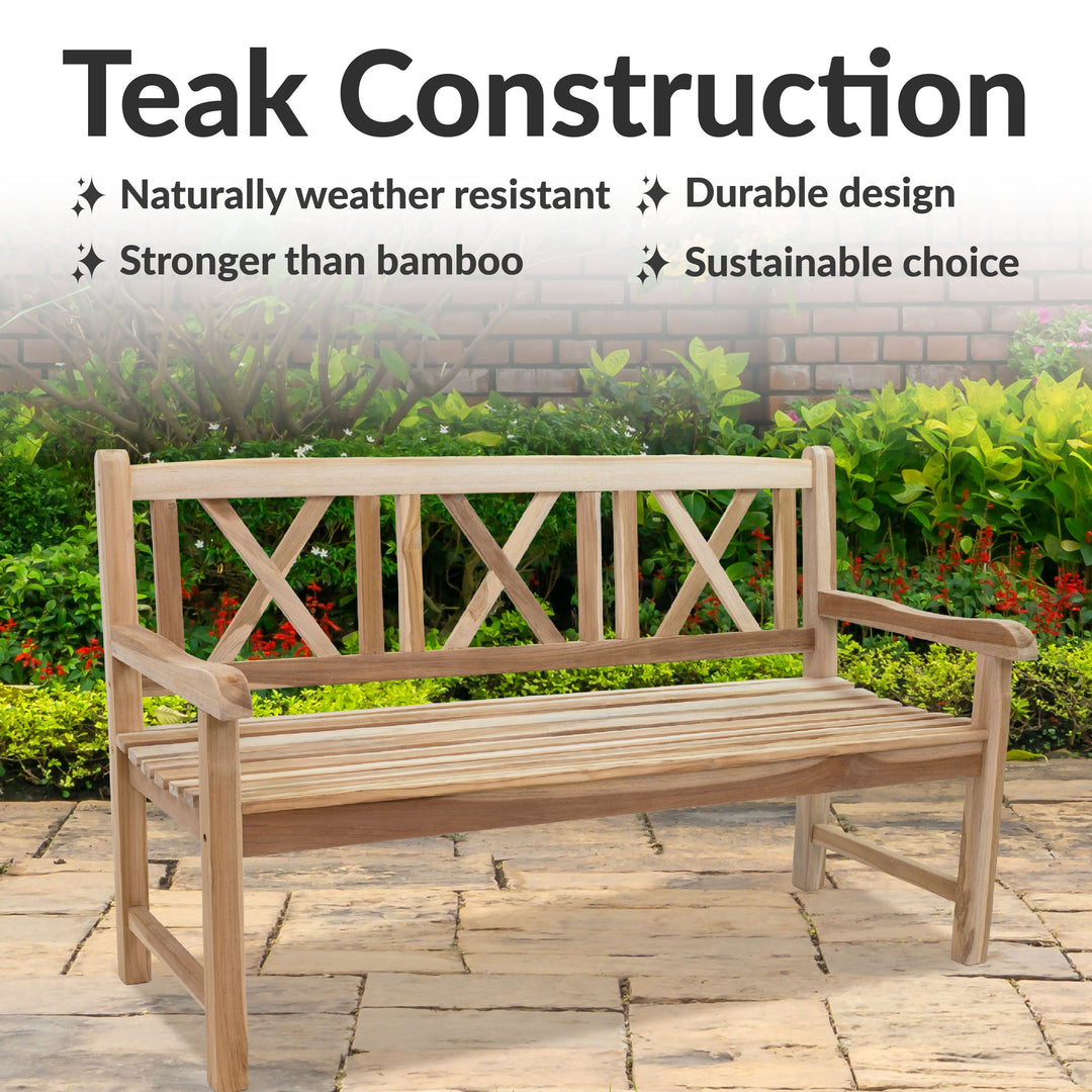 Cross-Back 2-Person Teak Patio Bench for Outside