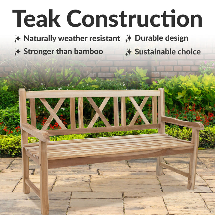 Cross-Back 2-Person Teak Patio Bench for Outside