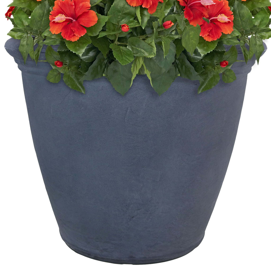 Outdoor planter, Anjelica Polyresin Large in slate blue with a textured finish and gently tapered round shape.
